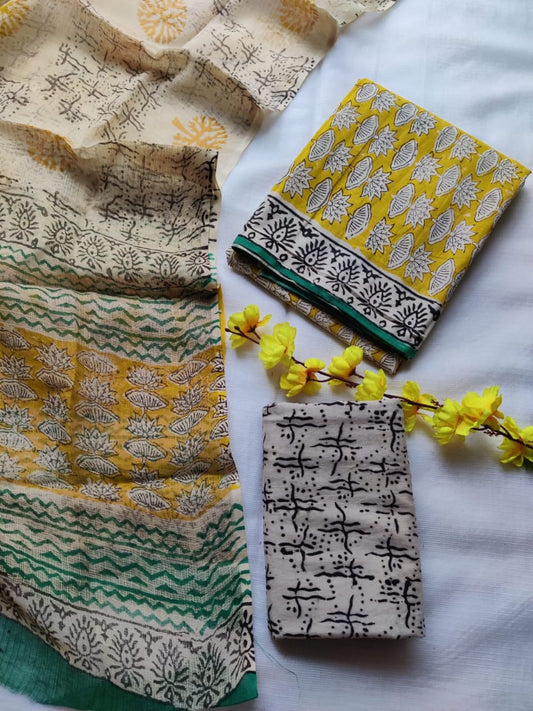 Block printed cotton suit with kota doriya duppta 
Top @ bottom *cotton*
Duptta  *kota doriya*