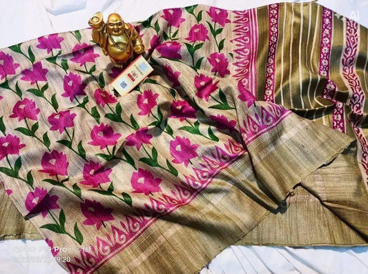 Screen print on gheecha tussar saree with silk mark