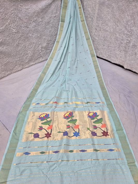 *Yeola cotton paithani*
Pure cotton 
Handloom saree
Patta border 
Running blouse 
Shoulder butta 
