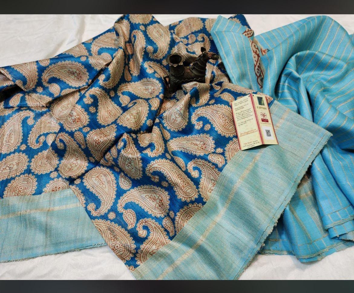Screen print on gheecha tussar saree with silk mark