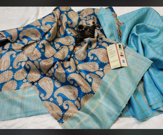 Screen print on gheecha tussar saree with silk mark