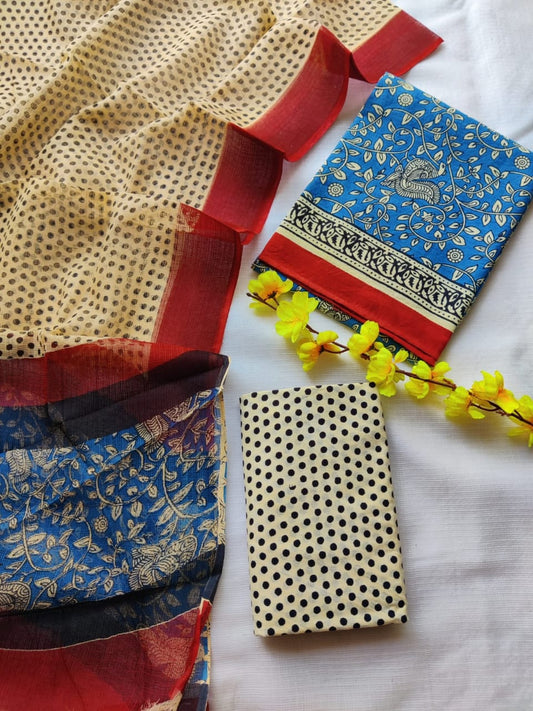 Block printed cotton suit with kota doriya duppta 
Top @ bottom *cotton*
Duptta  *kota doriya*