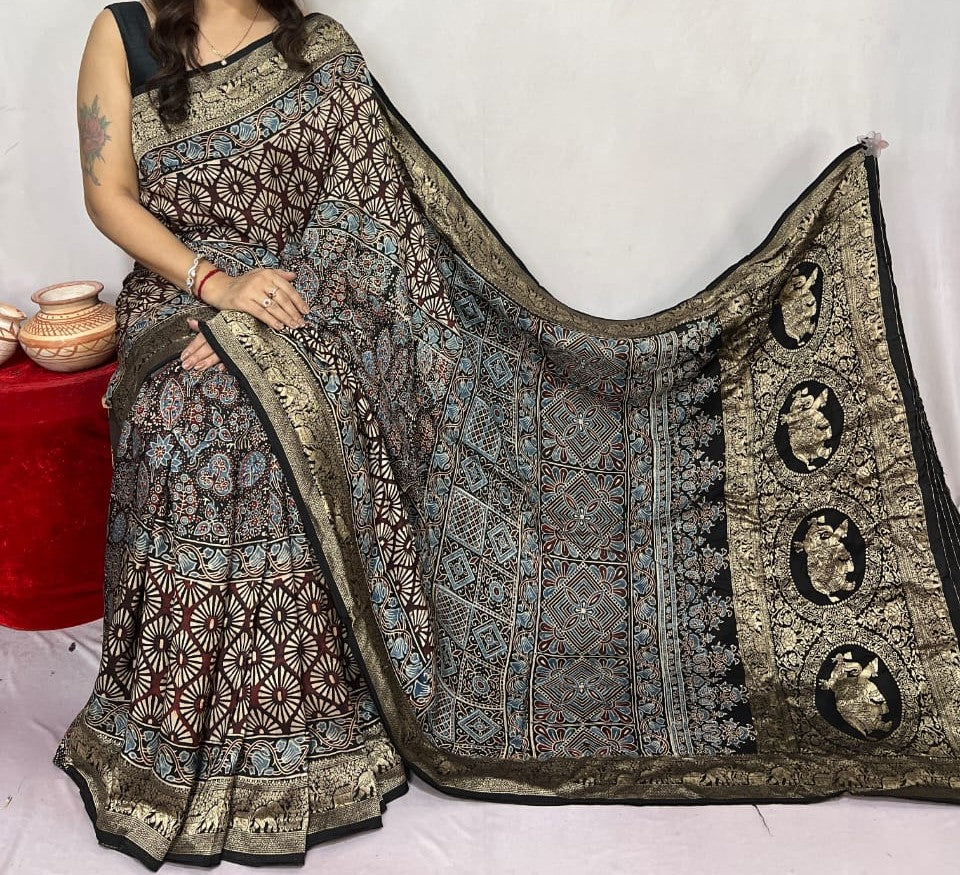 Dosmita | Ajrakh Saree on Dola Silk