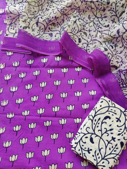 Now new arrivals 

Block printed cotton suit with kota doriya duppta 

Top @ bottom *cotton*
Duptta  *kota doriya*
