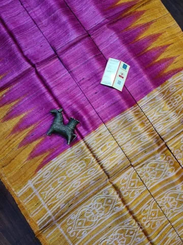 Pure tussar ghicha temple border ikkat print silk handloom saree with blouse pc.
Silk mark tag 
