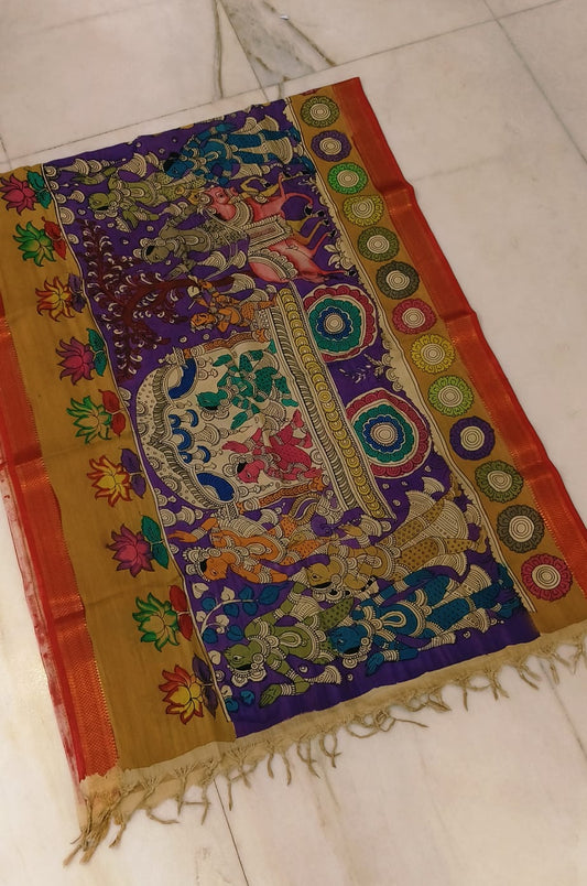 *Mangagiri silk duppatas* 
*Pen kalamkari* 
*Hand drawn hand painted* 
*Length 2.25 mtr*
*Width: 36 inch* 