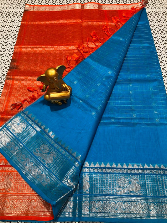 *Material*:Mangalagiri Pattu by cotton
*Model*:Kanchi border checks and butta Pattu sarees
Contrast pallu and blouses 
Running pallu and blouses 