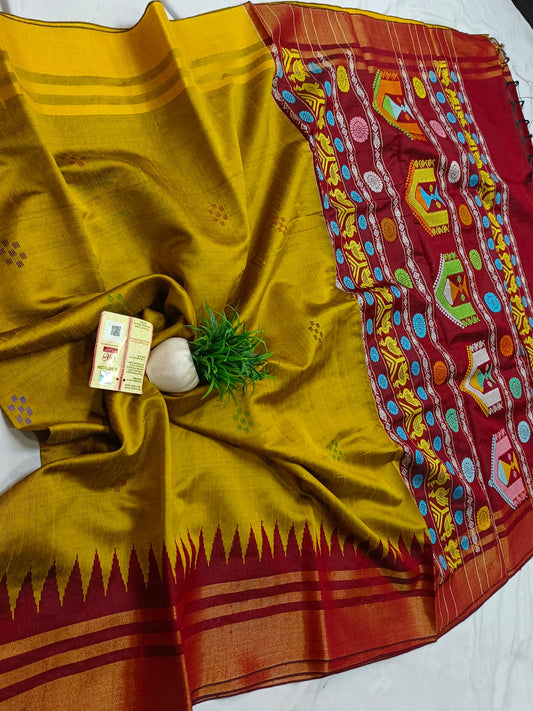 *Pure raw silk handloom temple border dolabedi pallu saree with contrast blouse*