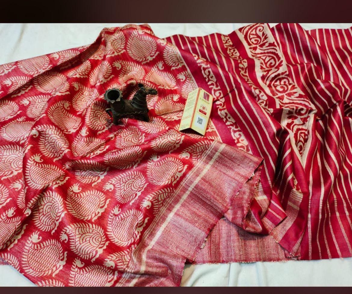Screen print on gheecha tussar saree with silk mark