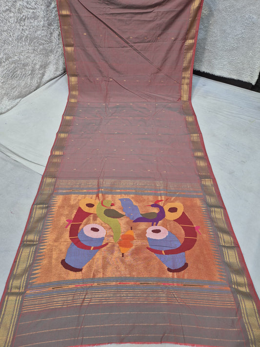 Yeola cotton paithani*
Pure cotton 
Handloom saree
Traditional Narali border 
Running blouse 
Shoulder butta 