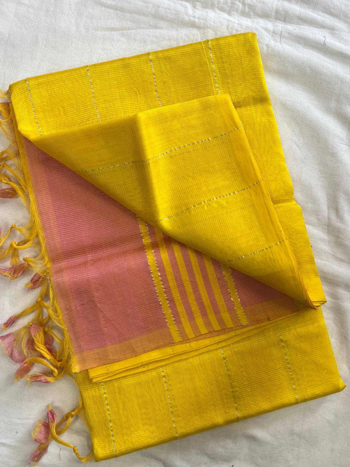 **Material **:- Mangalagiri handloom pattu by cotton 

**Model **:- all-over zari lines model sarees 

Contrast zari lines pallu & blouse