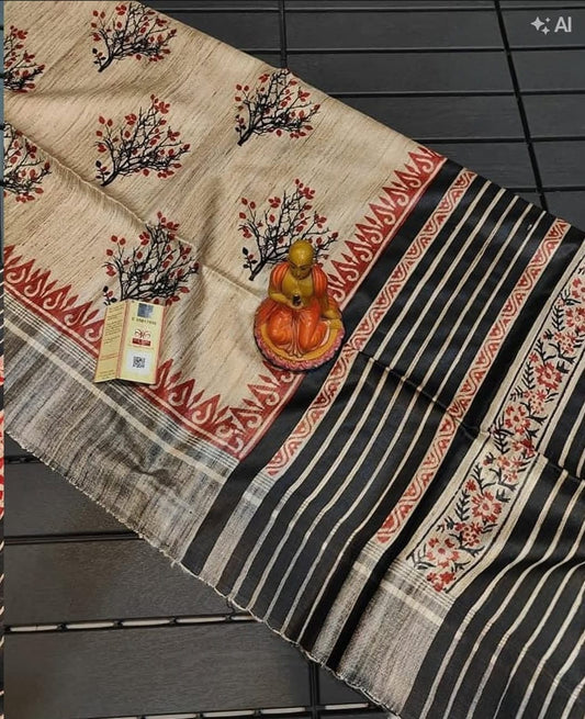 Screen print on gheecha tussar saree with silk mark