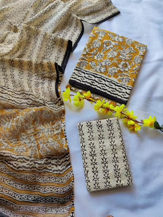 Block printed cotton suit with kota doriya duppta 
Top @ bottom *cotton*
Duptta  *kota doriya*