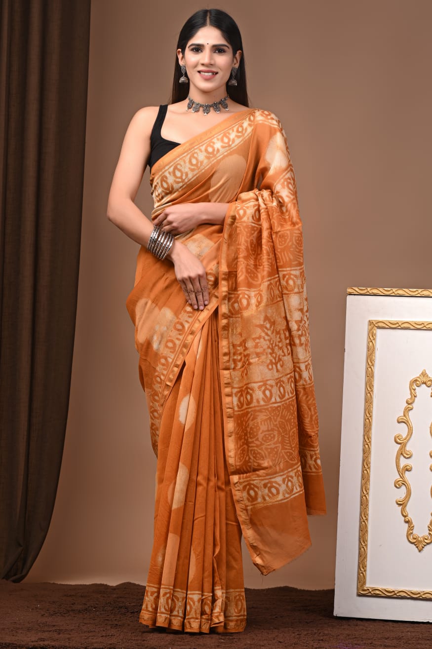 Chanderi silk sarees traditional collection
Hand block printed chanderi silk Sarees with blouse
Natural dye n color
Super quality:,fine fabric:,
Size- 6.5 