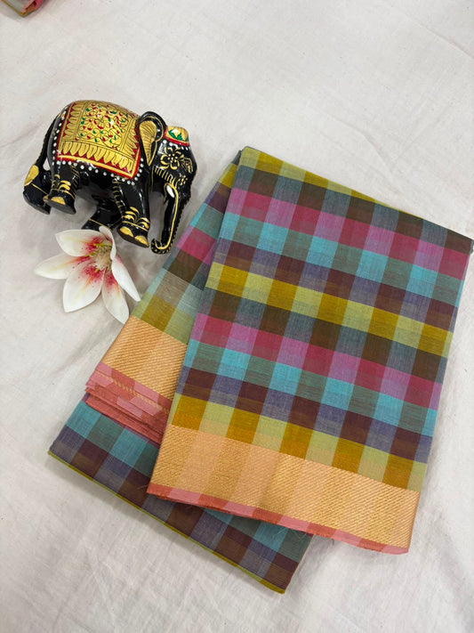 *Pure Mangalagiri Cotton Sarees*

*Saree Allover Multi Colour Checks*

*Pallu and Blouse Contrast*