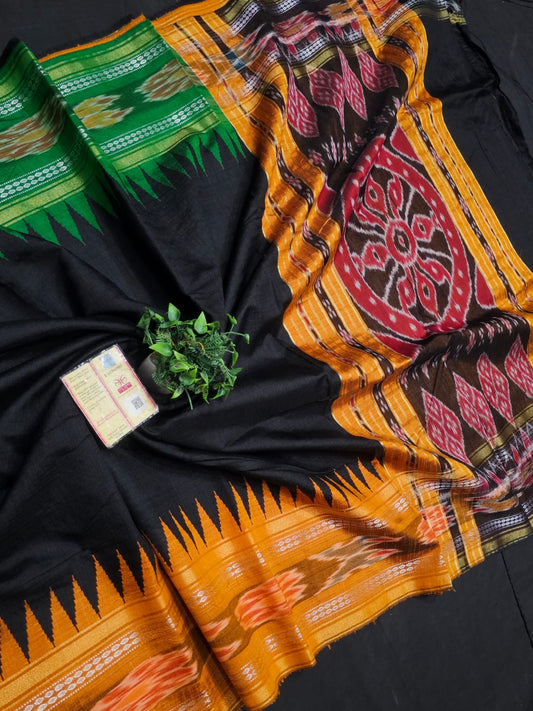 High demanding design 
*Pure Raw silk Handlloom ikkat and vidarbha (karvati kinar) temple border saree or ikkat pallu with contrast blouse*
silkmark certified
