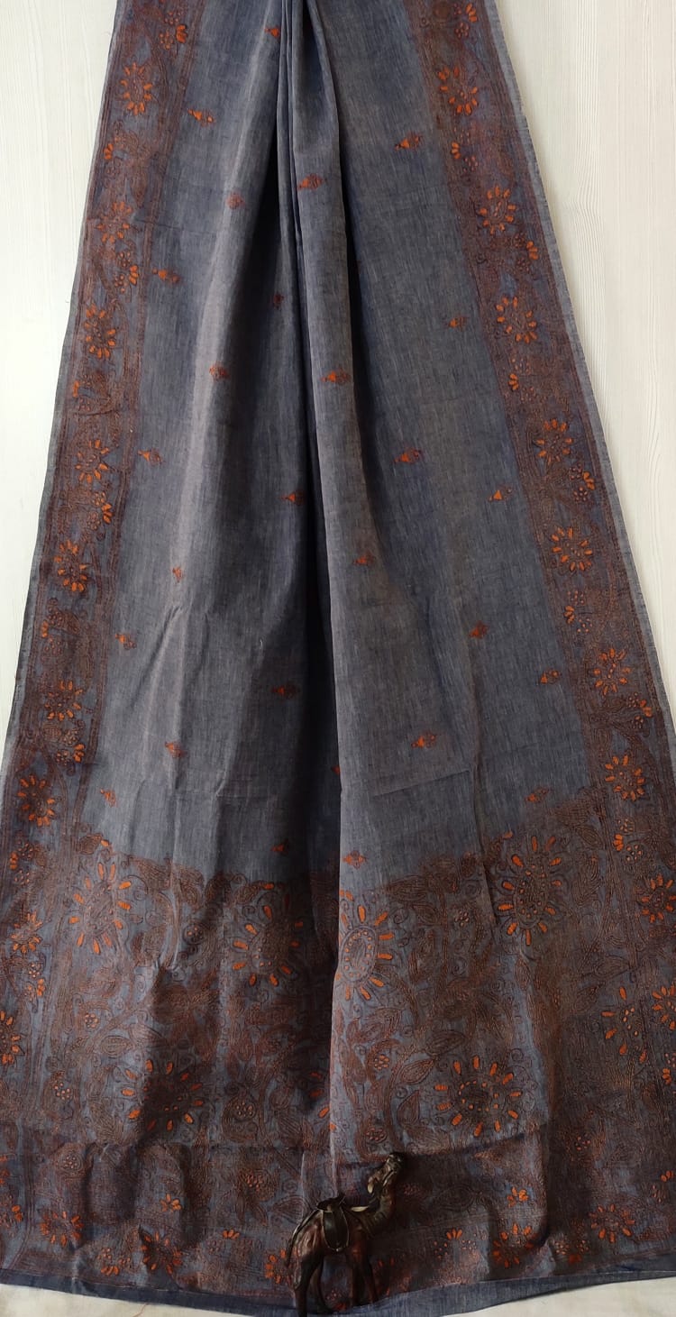 Hand Kantha on cotton pure cotton without blouse piece