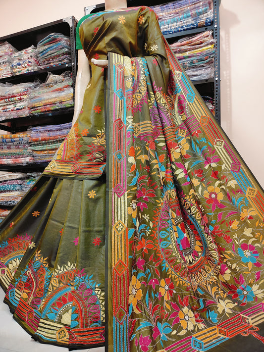 Traditional Shantiniketan hand Kanthastitch saree On 
Belendend bangalore silk Material 
With Kanthastitch Work Bp