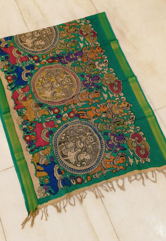 *Mangagiri silk duppatas* 
*Pen kalamkari* 
*Hand drawn hand painted* 
*Length 2.25 mtr*
*Width: 36 inch* 