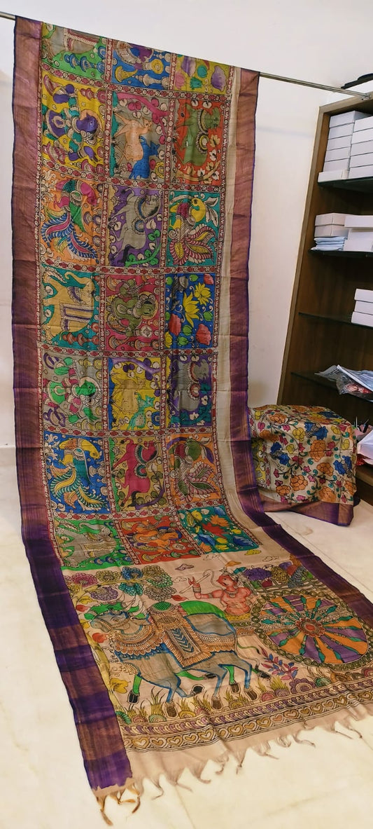 *Kalamkari on Tussar Silk*
*Pen kalamkari*
*Pure desi tusser silk and with hand painted sarees* 
*Length: 6.5 mtr*
*Width 45 inch*