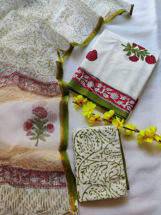 Now new arrivals 

Block printed cotton suit with kota doriya duppta 

Top @ bottom *cotton*
Duptta  *kota doriya*