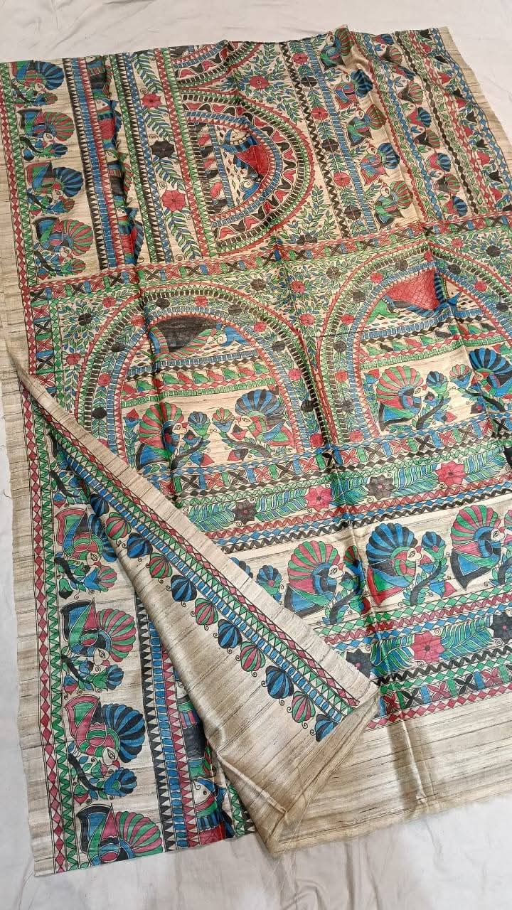 Fabric..Tussar by Ghicha with Beautiful All over Madhubani Hand paintingsilk sarees..
Premium quality and Fast delivery
Length 6.50 meter..Quality will be pure Handloom silk sarees..
