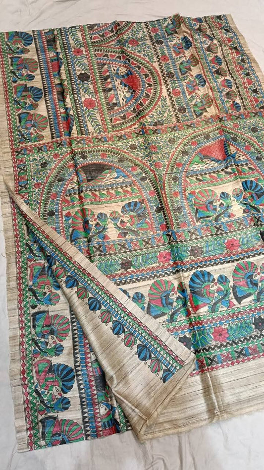Fabric..Tussar by Ghicha with Beautiful All over Madhubani Hand paintingsilk sarees..
Premium quality and Fast delivery
Length 6.50 meter..Quality will be pure Handloom silk sarees..
