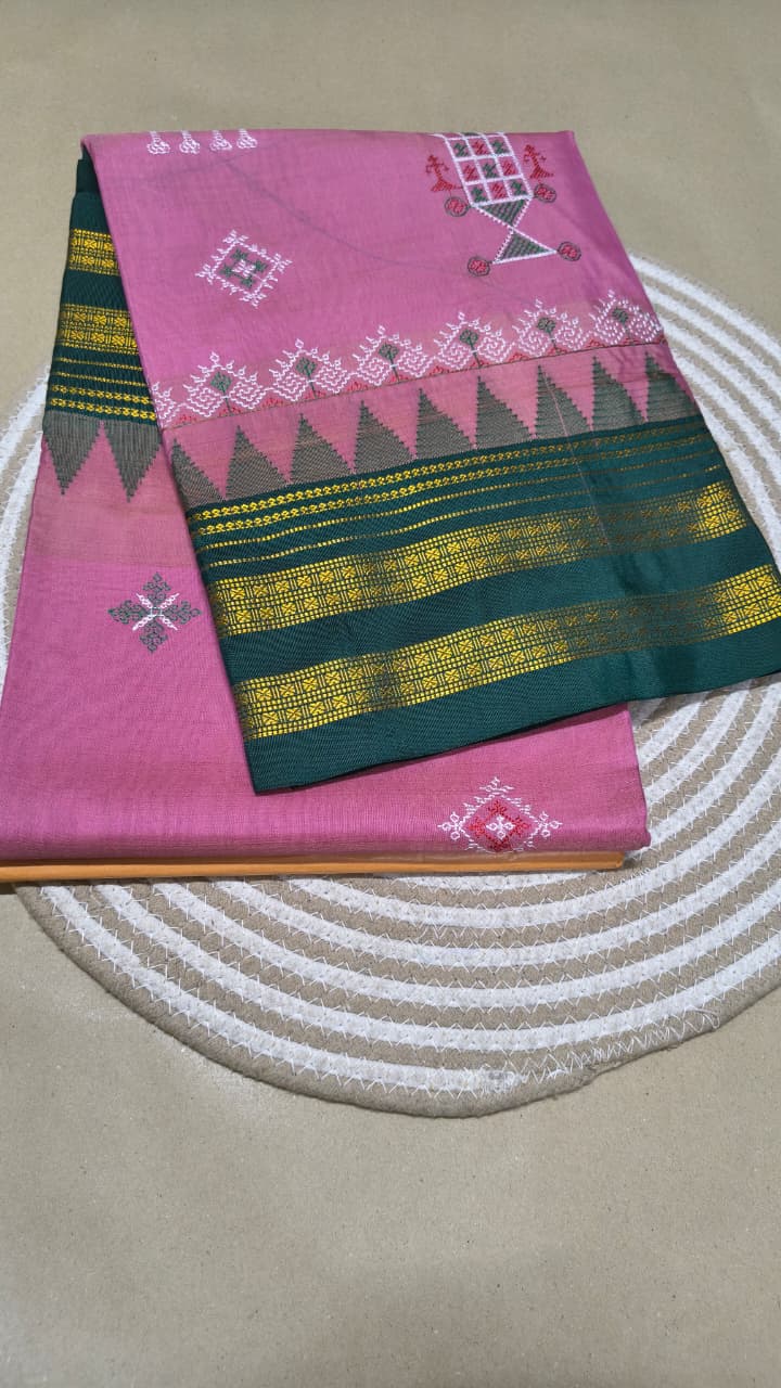 Material - Maserised cotton 
Border - Temple border, Chikki Paras
Saree Name -kasuti saree 
Pallu -Ilkal pallu top
Blouse -contrast
Saree length- 6.20