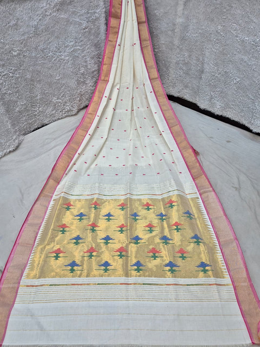 *Yeola cotton paithani*
Pure cotton 
Handloom saree
Patta border 
Running blouse 
Shoulder butta 