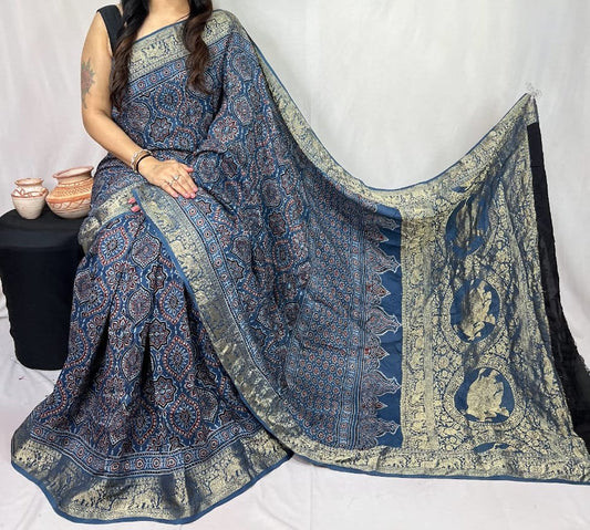 Dovathi | Ajrakh Saree on Dola Silk