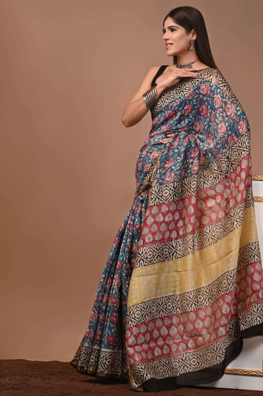 Chanderi silk sarees traditional collection
Hand block printed chanderi silk Sarees with blouse
Natural dye n color
Super quality:,fine fabric:,
Size- 6.5 