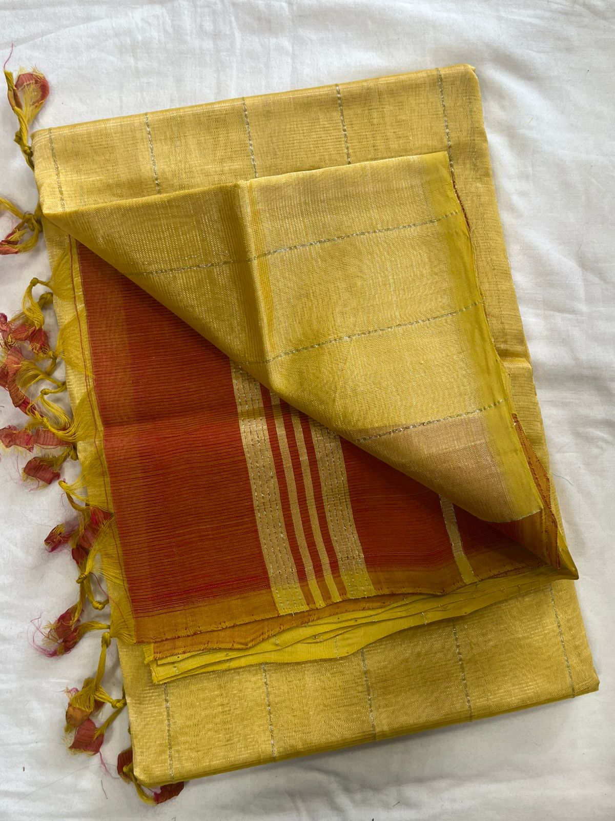 **Material **:- Mangalagiri handloom pattu by cotton 

**Model **:- all-over zari lines model sarees 

Contrast zari lines pallu & blouse