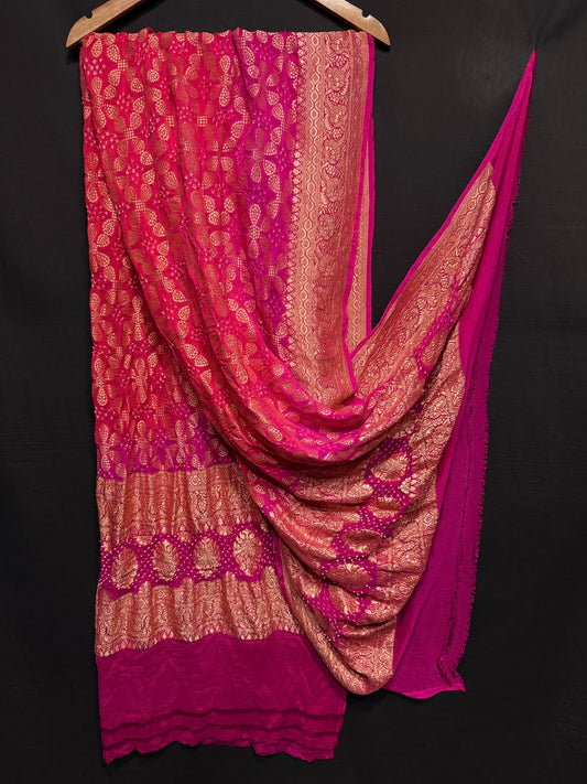 **Nim Zari Bandhej Dupatta**
- **Fabric:** handwoven Georgette
- **Design:** Beautiful Bandhej, Real Nimzari
- **Quality:** Best quality & colour 
- ** colour:** pastel & Dark
**Description:**
- **Length:** 2.50 meters, full length
- **Use:** Dress & Lehenga Choli Dupatta