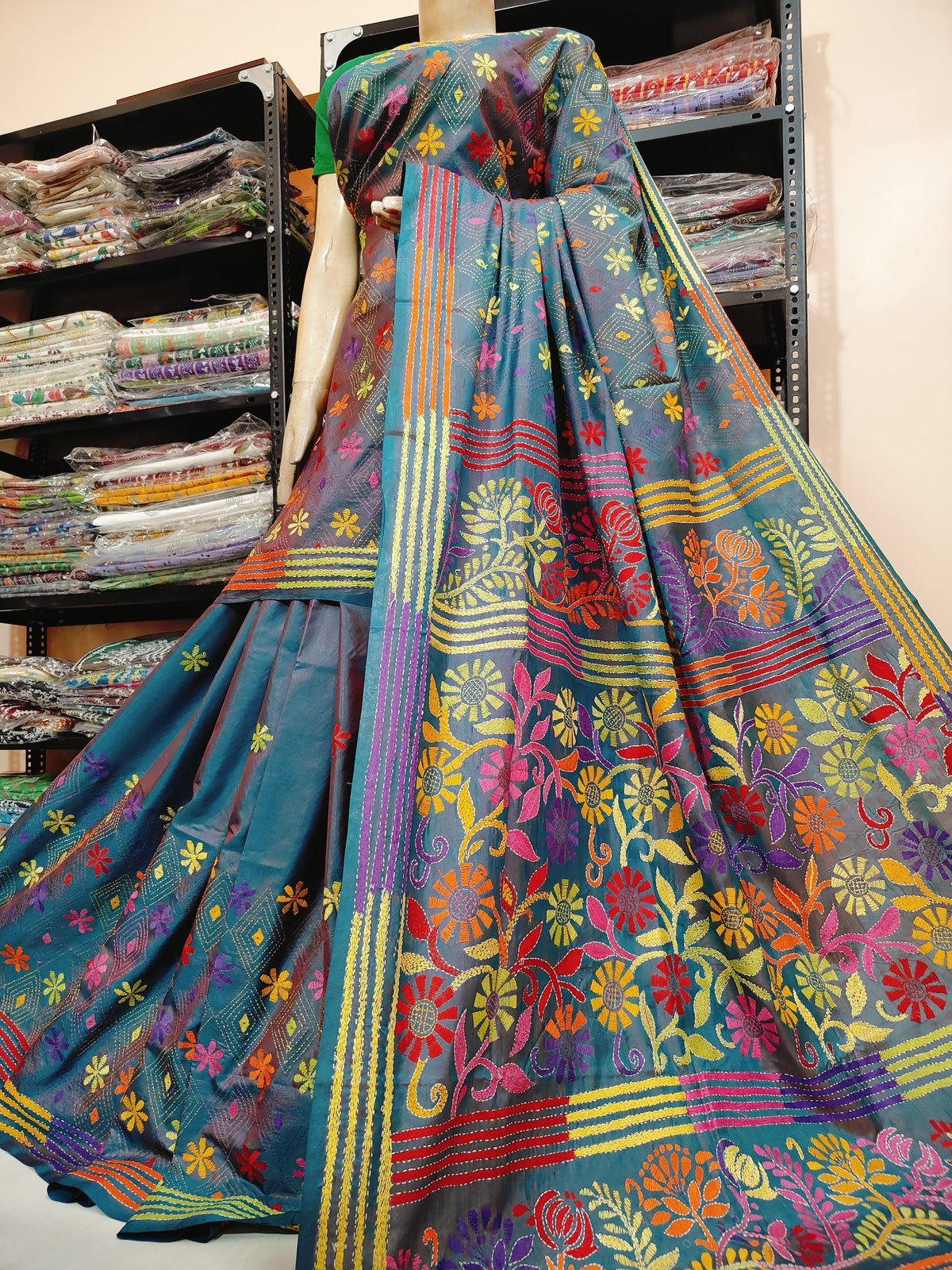 Traditional Shantiniketan hand Kanthastitch saree On 
Belendend bangalore silk Material 
With Kanthastitch Work Bp