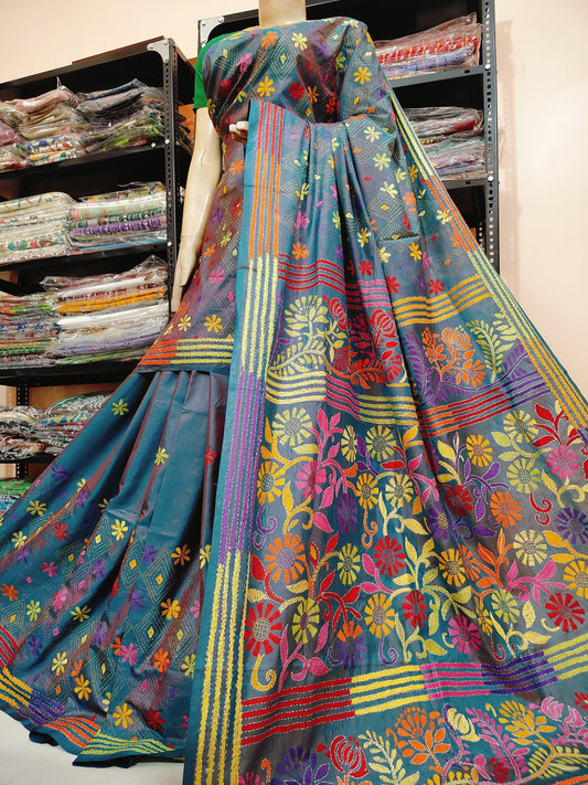 Traditional Shantiniketan hand Kanthastitch saree On 
Belendend bangalore silk Material 
With Kanthastitch Work Bp