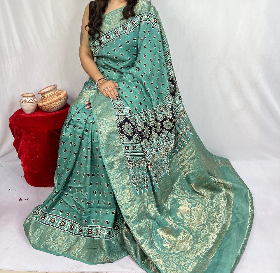 Doyami | Ajrakh Saree on Dola Silk