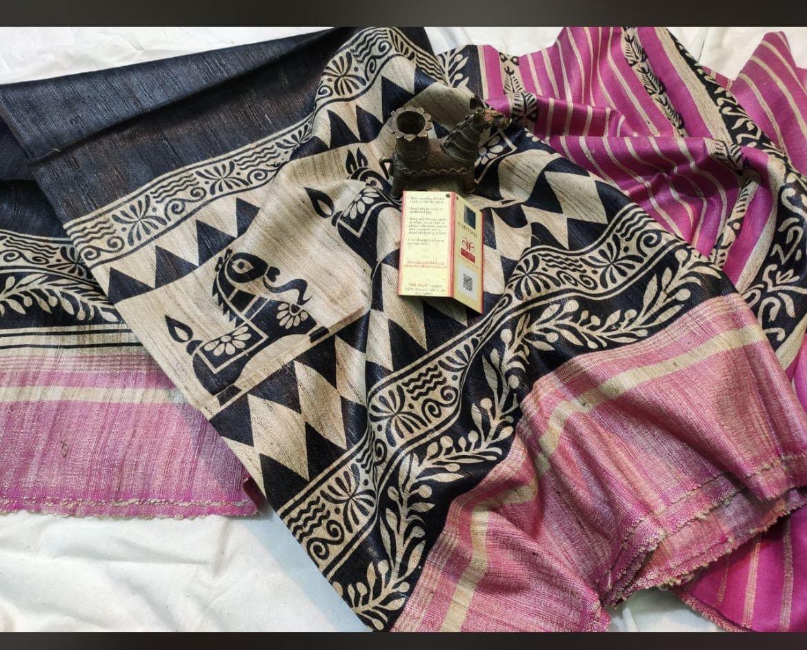 Screen print on gheecha tussar saree with silk mark