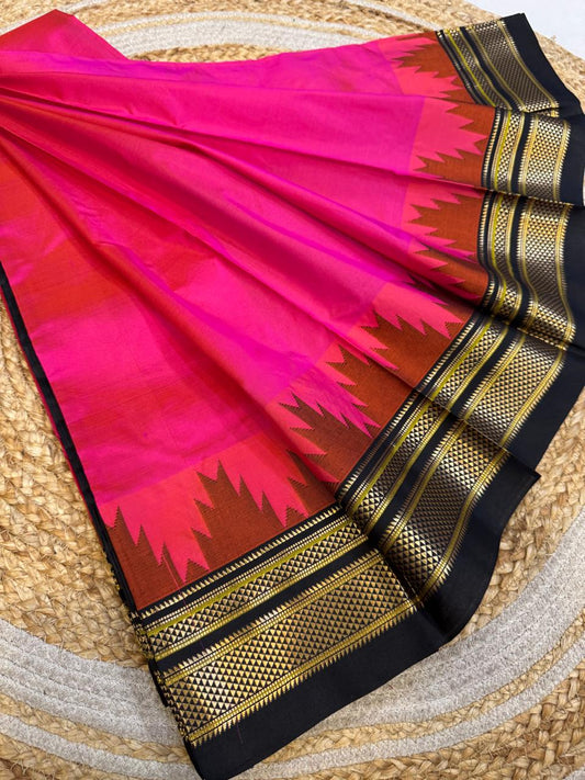 
*Big Temple Border Ilkal*

Exclusive silk ilkal saree 
Pure silk big temple border design superior quality ilkal saree
With contrast blouse 
6.10mtrs length 
Full body pure silk Border, pallu & blouse semi silk 