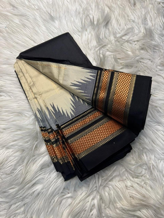Material - pure silk 
Border - chikki paras
Saree Name -ilkal pure silk horizontal and also vertical stripes jari with temple border saree
Pallu -silk pallu
Blouse -contrast
Handloom -yes
Saree length- 6.2