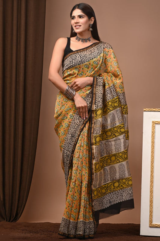 Chanderi silk sarees traditional collection
Hand block printed chanderi silk Sarees with blouse
Natural dye n color
Super quality:,fine fabric:,
Size- 6.5 