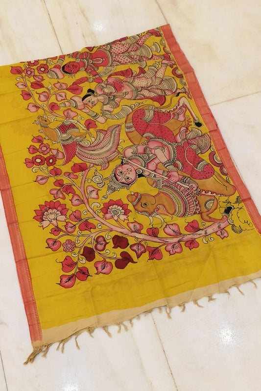 *Mangagiri silk duppatas* 
*Pen kalamkari* 
*Hand drawn hand painted* 
*Length 2.25 mtr*
*Width: 36 inch* 