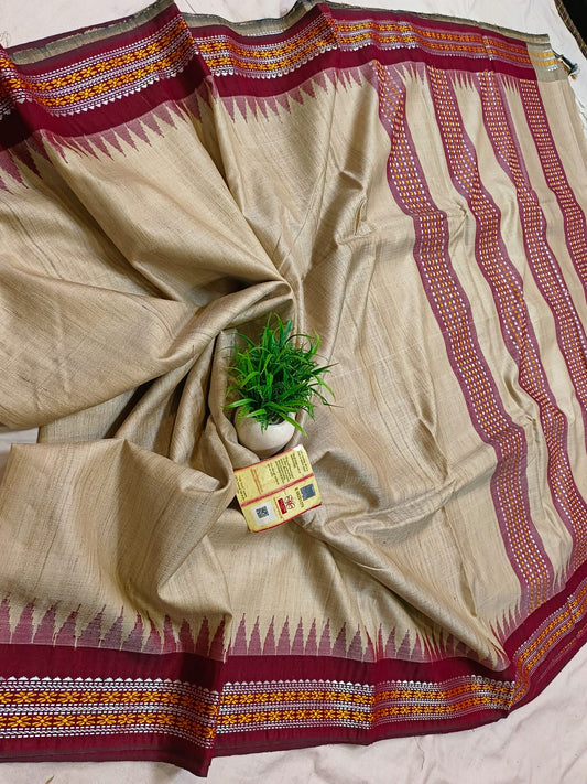 *100% pure tussar handloom vidarbha temple border saree with contrast blouse*
Pure tussar saree
Handloom weaved 
Best quality 