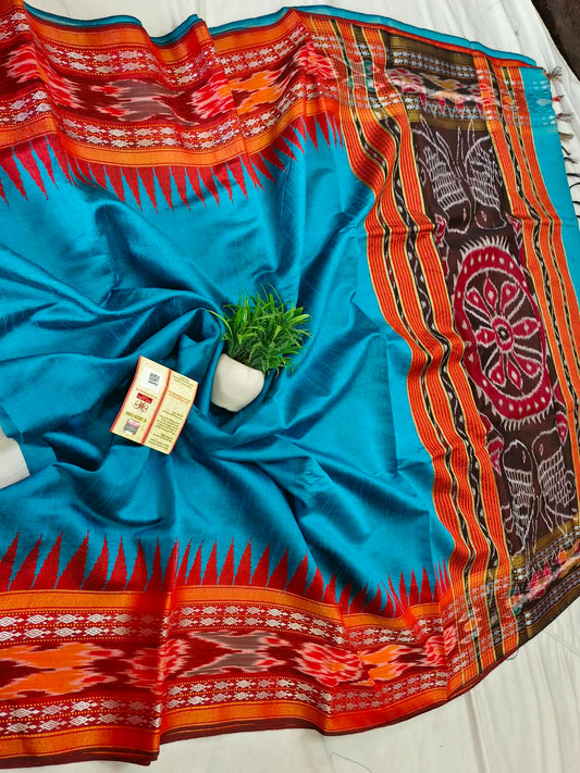 *Pure raw silk handloom Ikkat and vidarbha temple border saree with contrast blouse*
Pure raw silk saree
Silk mark certified
Handloom made
Best quality