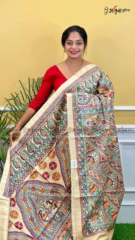 Fabric..Tussar by Ghicha with Beautiful All over Madhubani Hand paintingsilk sarees..
Premium quality and Fast delivery
Length 6.50 meter..Quality will be pure Handloom silk sarees..
