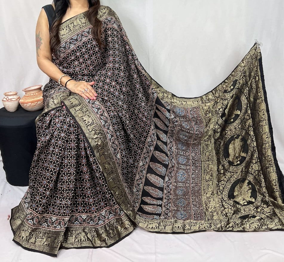 Dolsini | Ajrakh Saree on Dola Silk