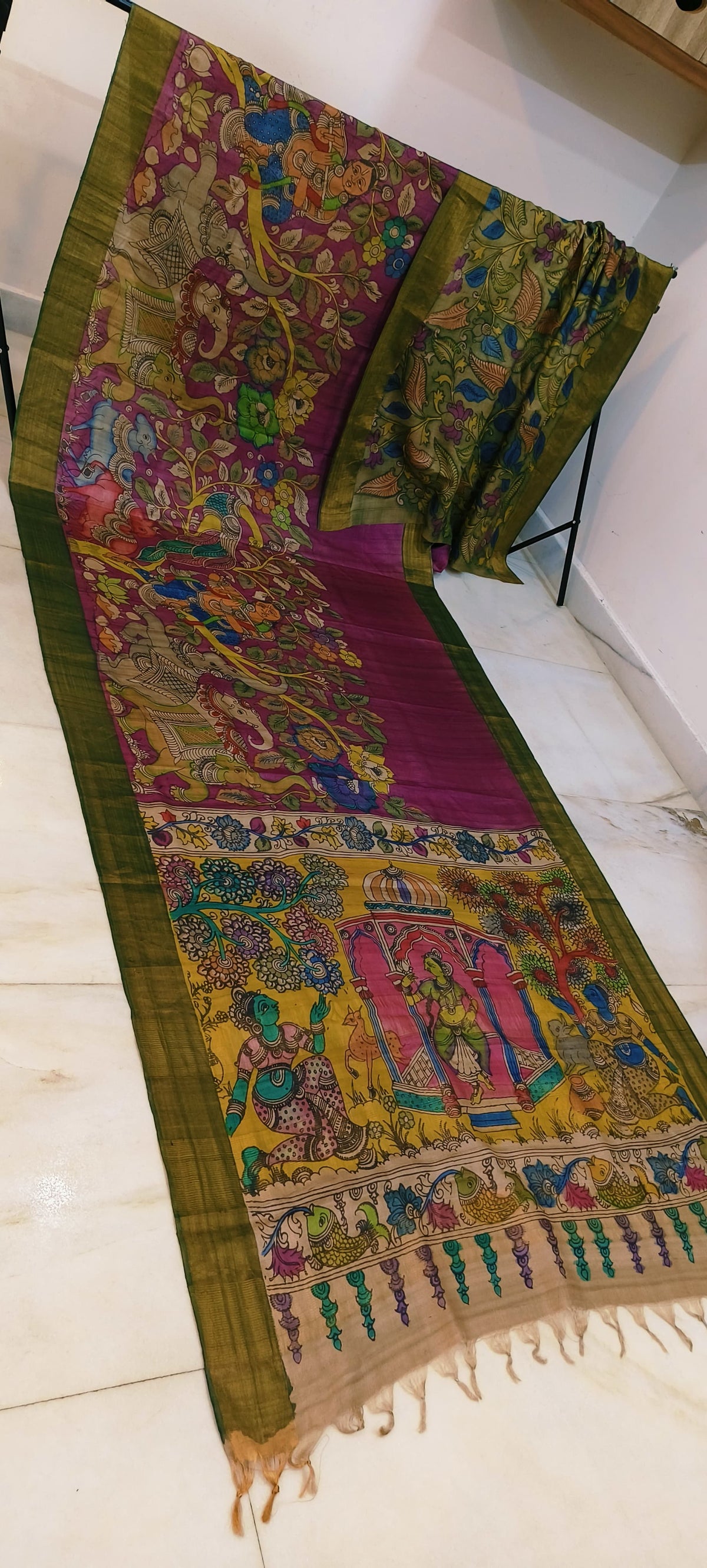 Pen kalamkari on tussar silk
pure desi tussar silk hand painted saree
