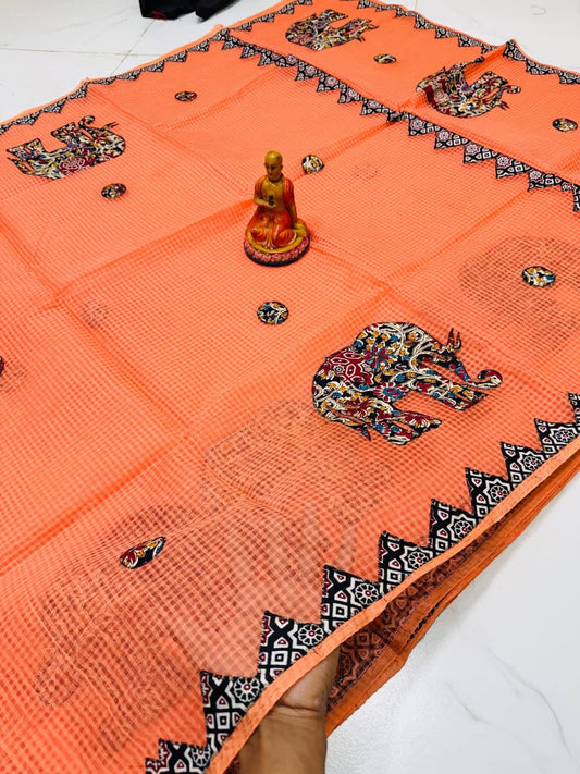 *Aplick work saree*

*No bp*

*Materials/ Resham Kota*

*All over Aplick work*
