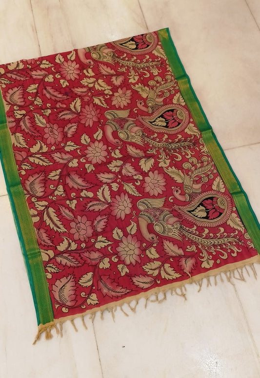 *Mangagiri silk duppatas* 
*Pen kalamkari* 
*Hand drawn hand painted* 
*Length 2.25 mtr*
*Width: 36 inch* 