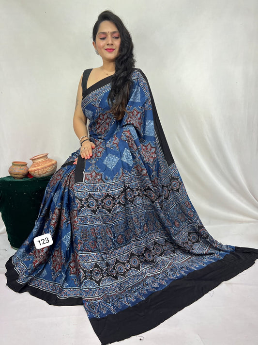 
🥻 Pure Modal Silk  Saree 🥻
🏕️ Natural / Vegetable Dyeing with Ajrakh Hand-Block Print

📦 All pics available
🎨 New colours / new patterns added 6.50...Full  saree  ..45..with 
