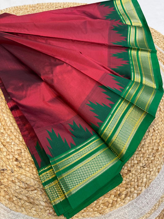 
*Big Temple Border Ilkal*

Exclusive silk ilkal saree 
Pure silk big temple border design superior quality ilkal saree
With contrast blouse 
6.10mtrs length 
Full body pure silk Border, pallu & blouse semi silk 